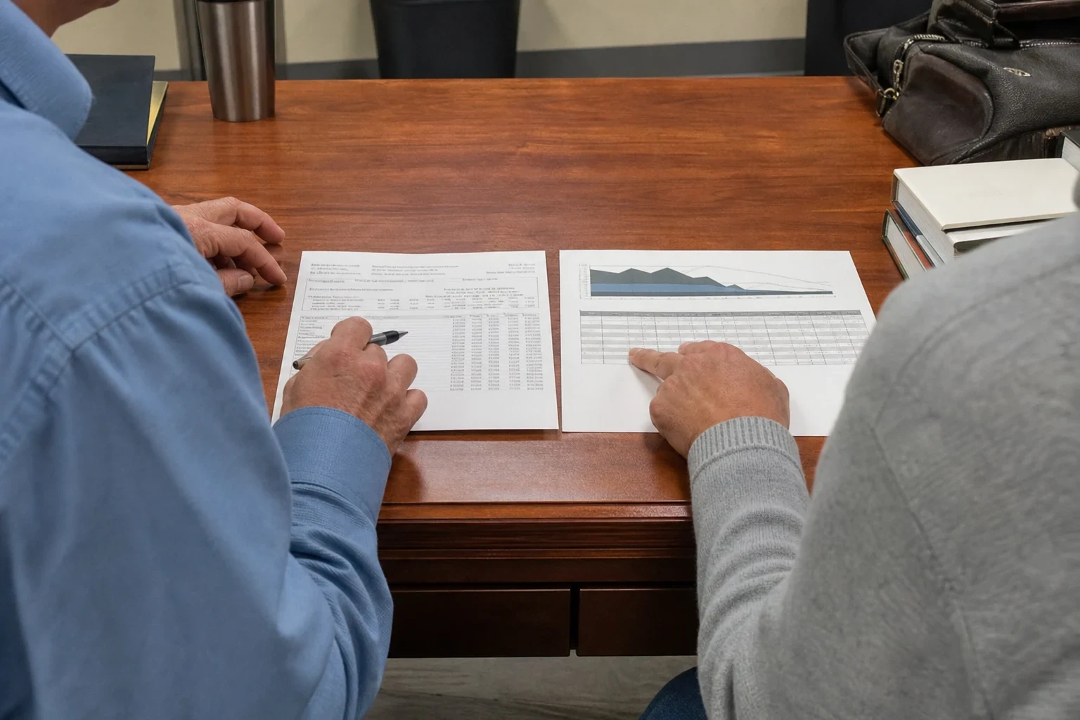 Two people seated at a wooden office desk reviewing a printed statement and a chart-and-table document laid side by side, one holding a pen, the other pointing.
