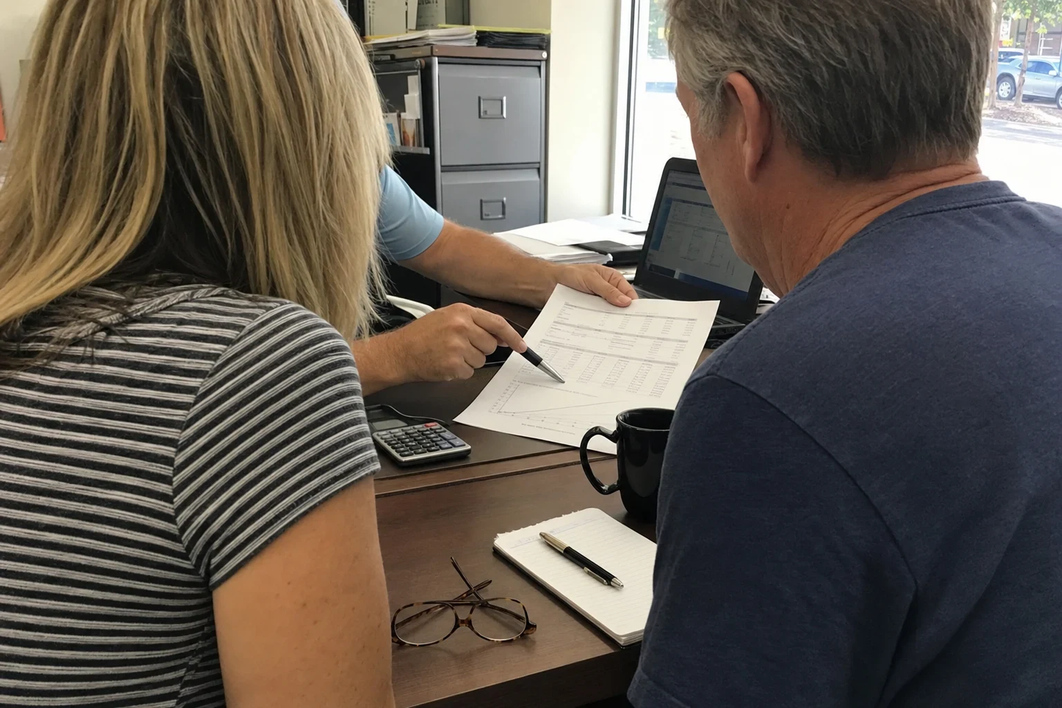 An agent points a pen at a printed coverage chart while a couple reads along at an office desk with a calculator, coffee mug, notepad and filing cabinet