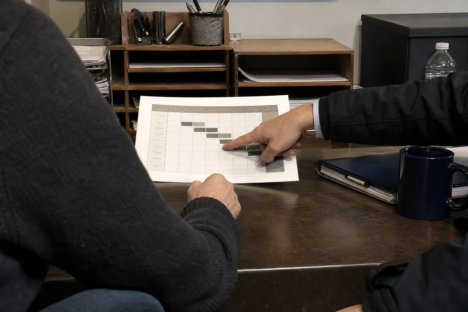 Agent in a dark jacket points to a printed coverage chart held by a client in a gray sweater at a wooden office desk with shelves, a binder and a mug